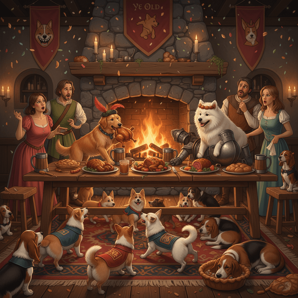 Dogs stealing the show at what's definitely a medieval dinner theater