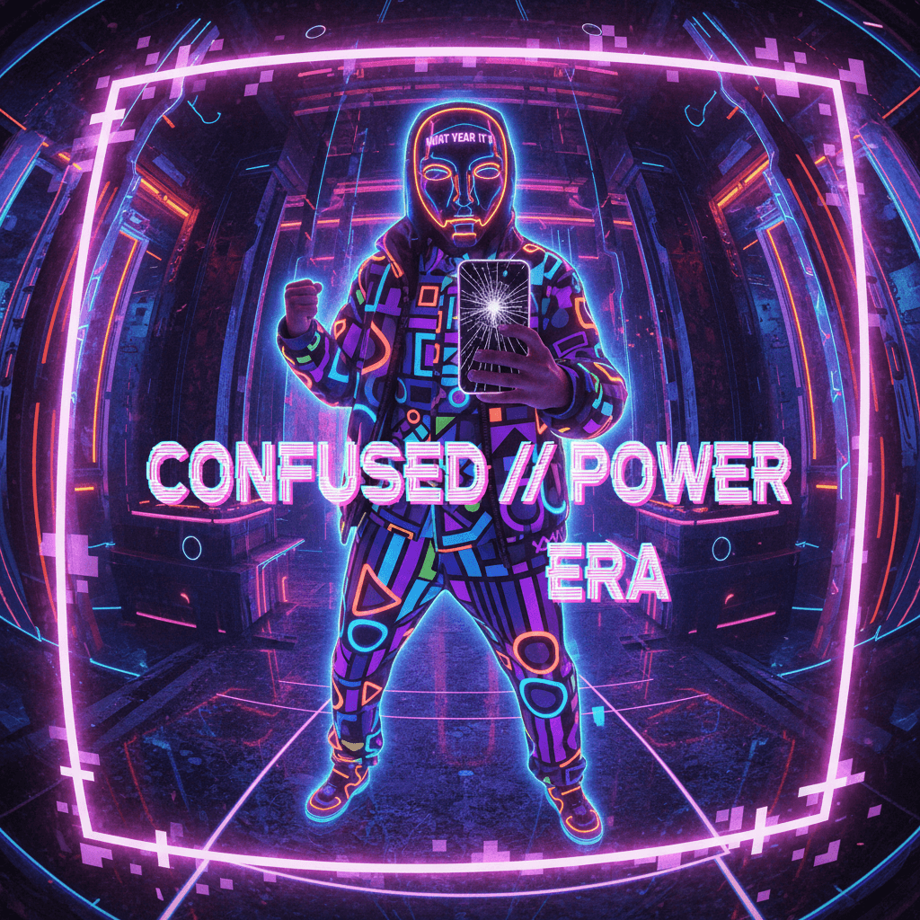 masked individual radiates confused determination in geometric shirt era