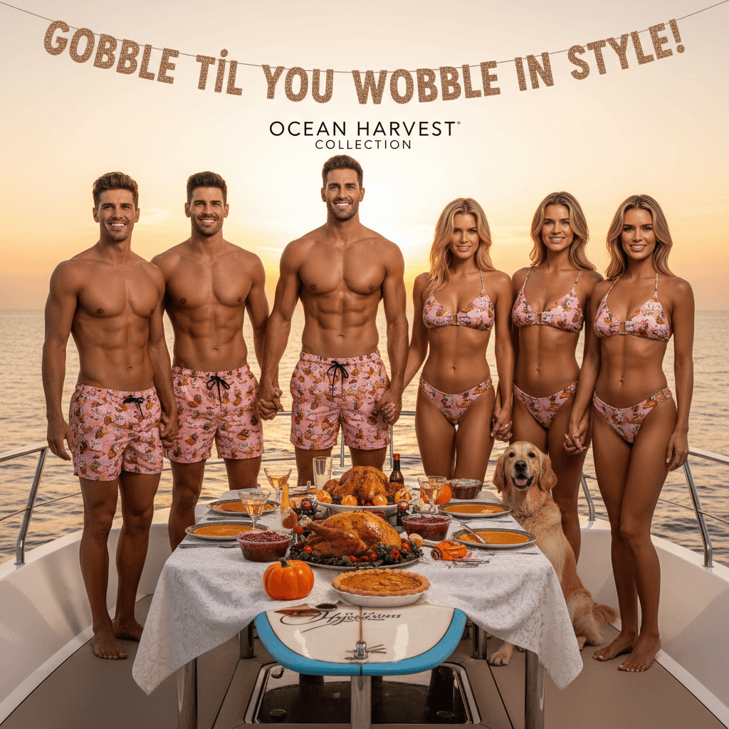 Thanksgiving family boat pics but make it swimwear catalogue