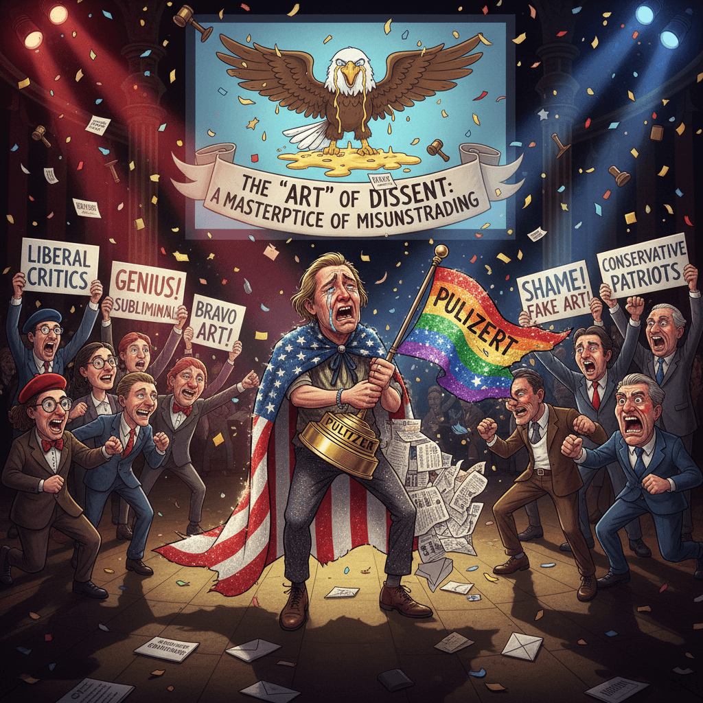 Pulitzer-worthy flag desecration symbolism, very subtle, much art